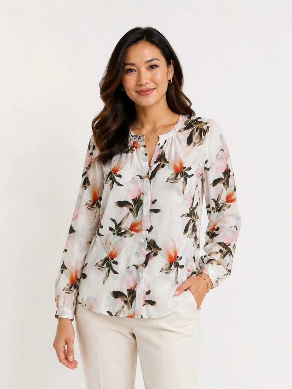 Ecru White Floral 100% Silk Blouse N229-18